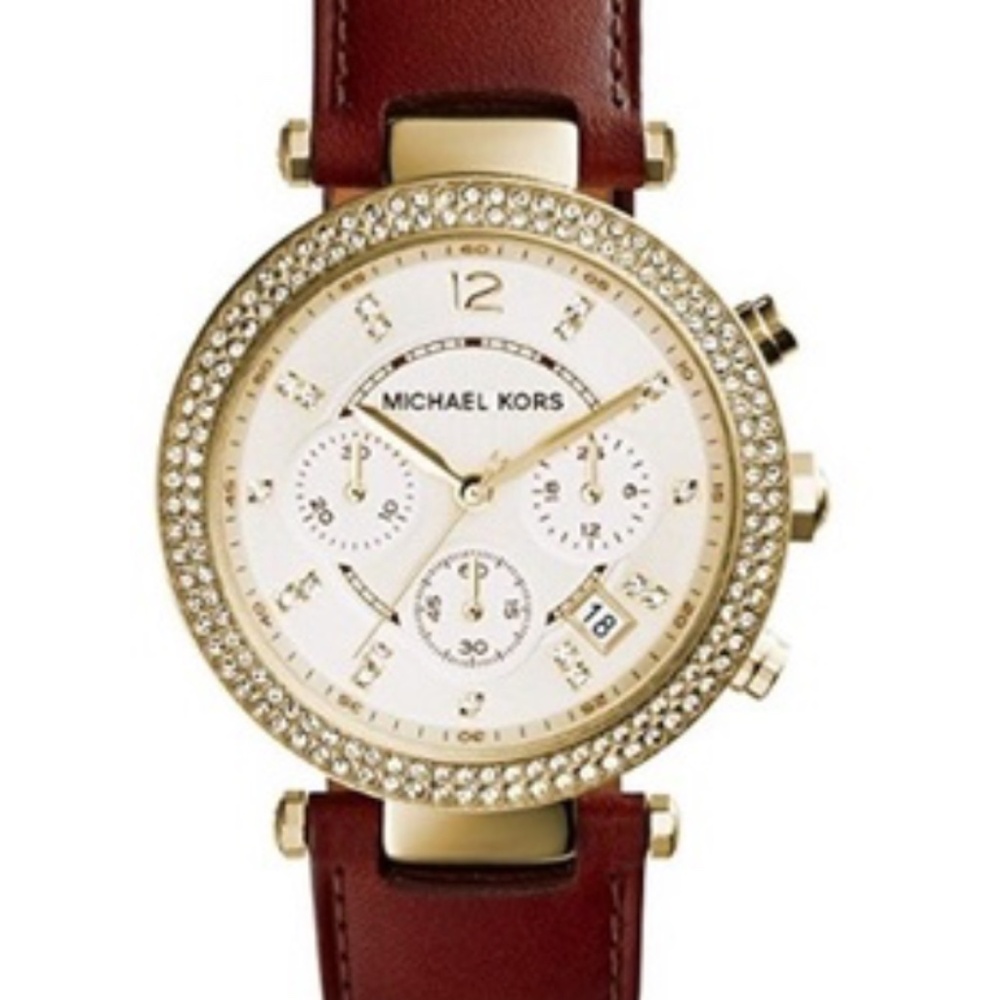 MICHAEL KORS PARKER CHRONOGRAPH COGNAC LEATHER GOLD CZ WOMENS WATCH